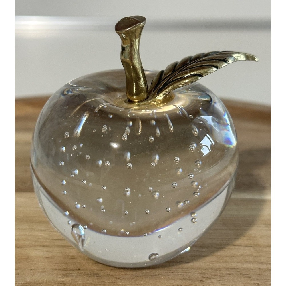 Vintage Glass Apple Paperweight Clear with Controlled Bubbles Brass‎ Leaf Stem